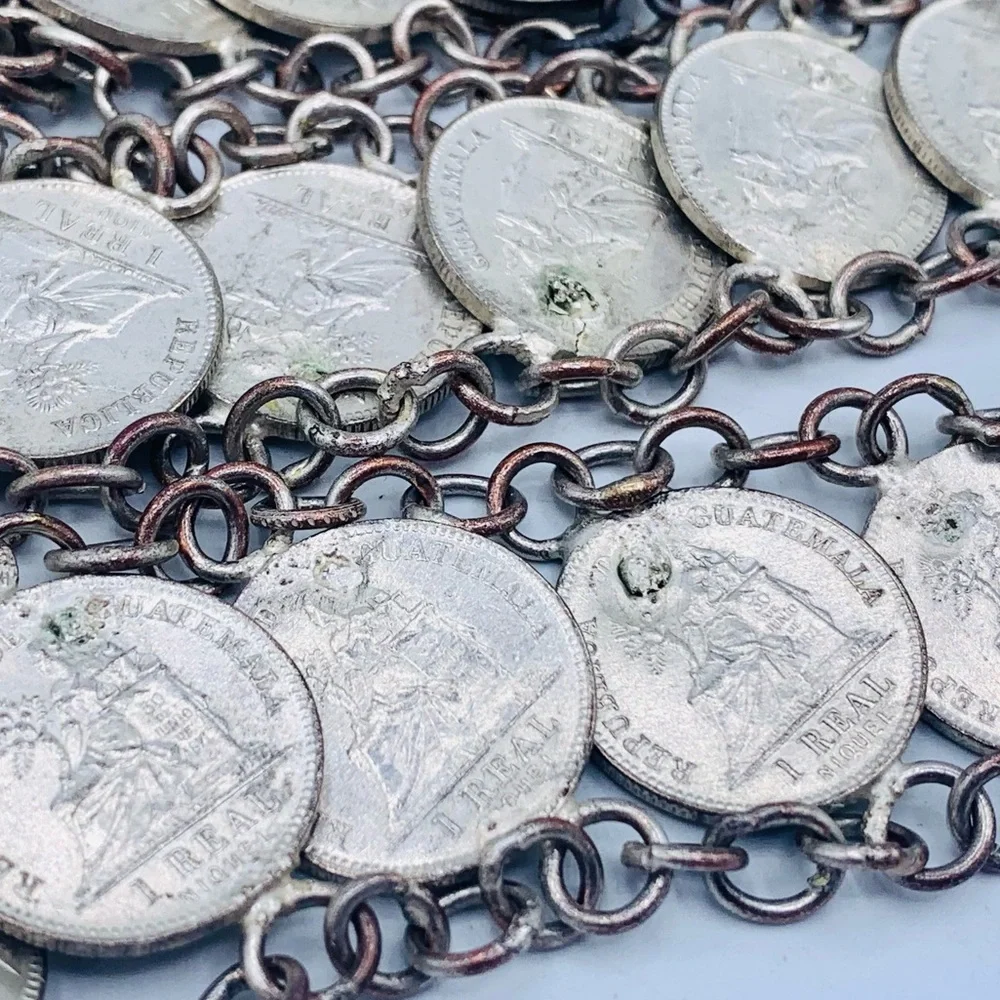 Vintage coin belt Guatemala 1900 - 1912 Real copper nickel 50 coins 37”